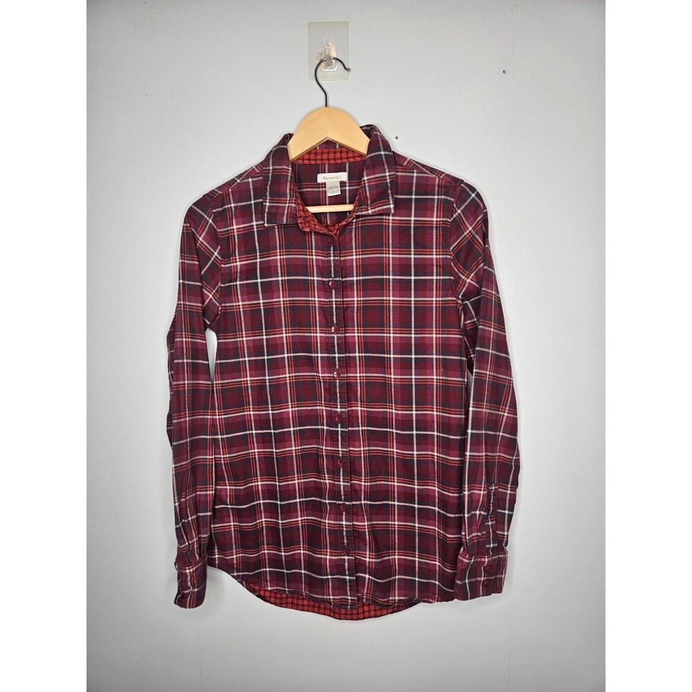 GARNET HILL Organic Pima Cotton Flannel Shirt Womens 6 Red Plaid Button Down